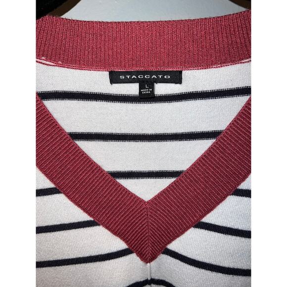 Staccato size L navy & white striped v-neck knit pullover sweater clay red trim - Picture 2 of 6